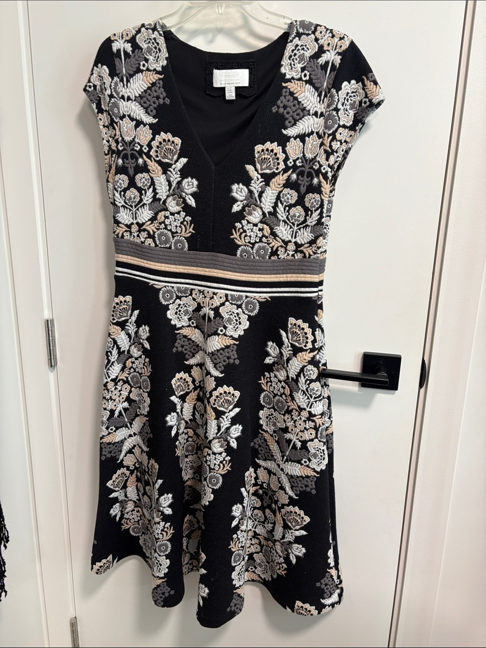 Embroidered V-Neck Black Midi Dress with Neutral Floral Detail